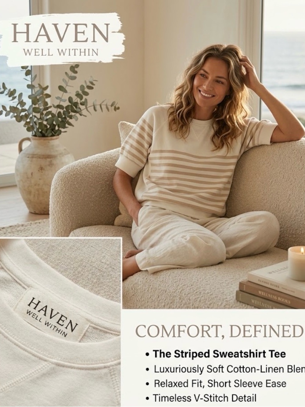 Haven Well Within White and Beige Striped Short Sleeve Sweatshirt
